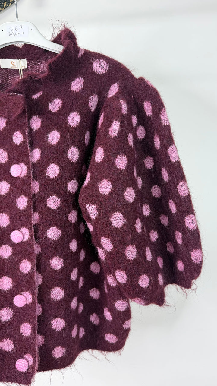 PULL GILET LUNA PRUNE A POIS ROSE