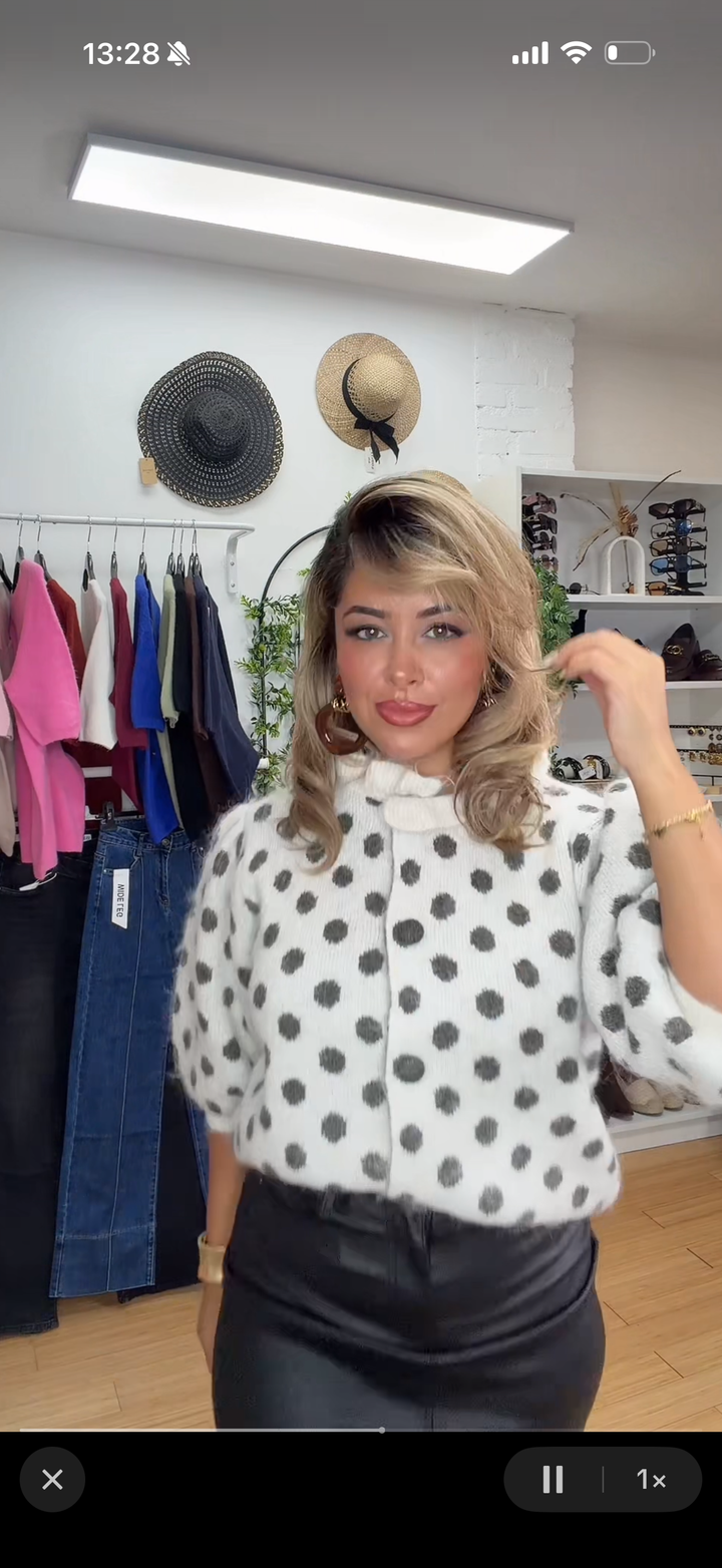 PULL GILET LUNA BEIGE A POIS MARRON